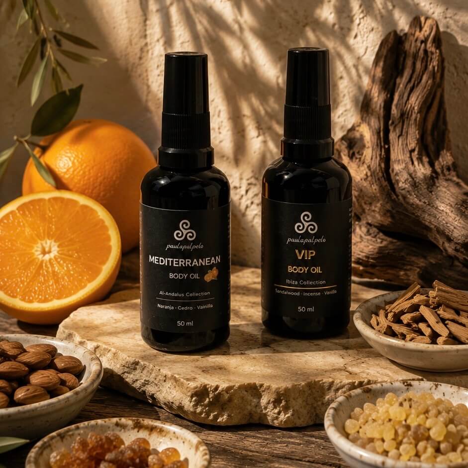 DÚO ACEITES CORPORALES 1 Pack de aceites corporales naturales Mediterráneo y VIP de PaulaPalPelo en formato 50 ml